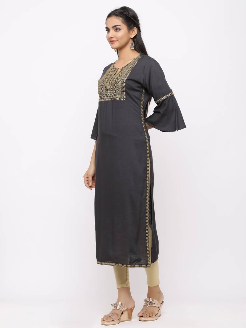 Women's  Dark Grey Rayon Slub Embroidered Straight Kurta