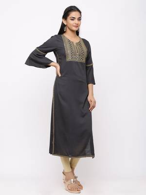 Women's  Dark Grey Rayon Slub Embroidered Straight Kurta 5