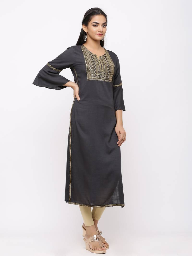 Women's  Dark Grey Rayon Slub Embroidered Straight Kurta