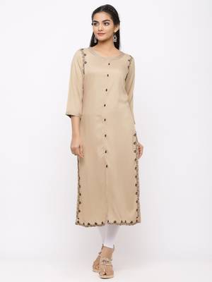 Women's  Beige Rayon Slub Embroidered Straight Kurta 1