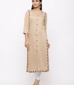 Women's  Beige Rayon Slub Embroidered Straight Kurta