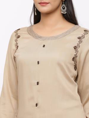 Women's  Beige Rayon Slub Embroidered Straight Kurta 2