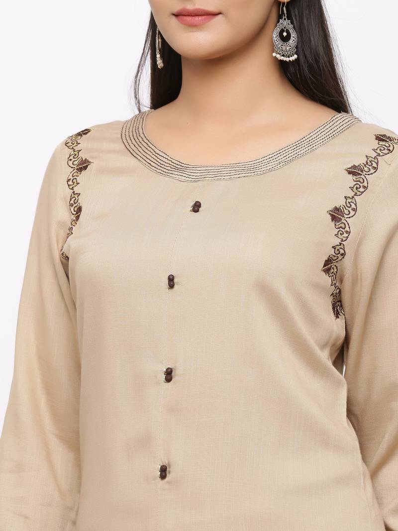 Women's  Beige Rayon Slub Embroidered Straight Kurta
