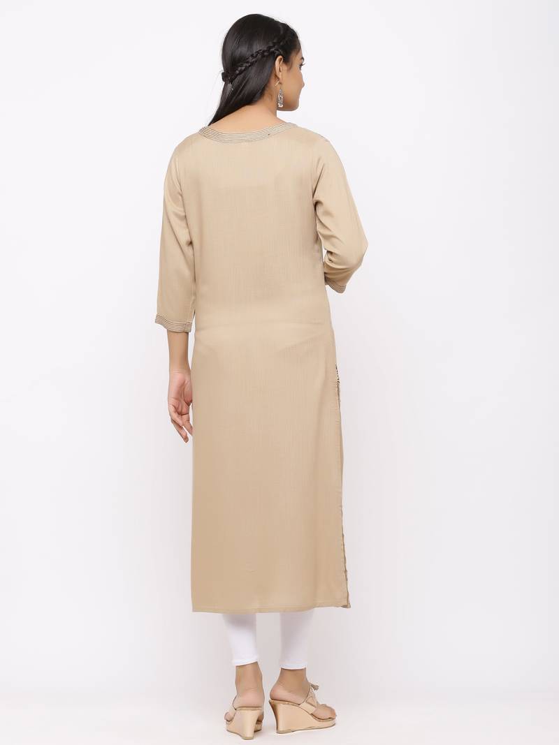 Women's  Beige Rayon Slub Embroidered Straight Kurta