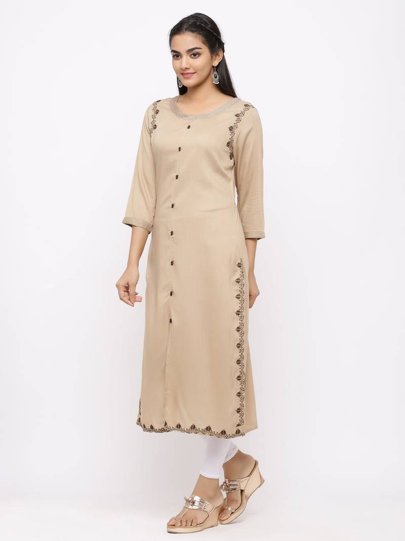 Women's  Beige Rayon Slub Embroidered Straight Kurta
