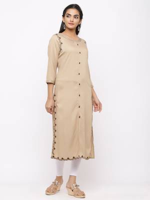 Women's  Beige Rayon Slub Embroidered Straight Kurta 5