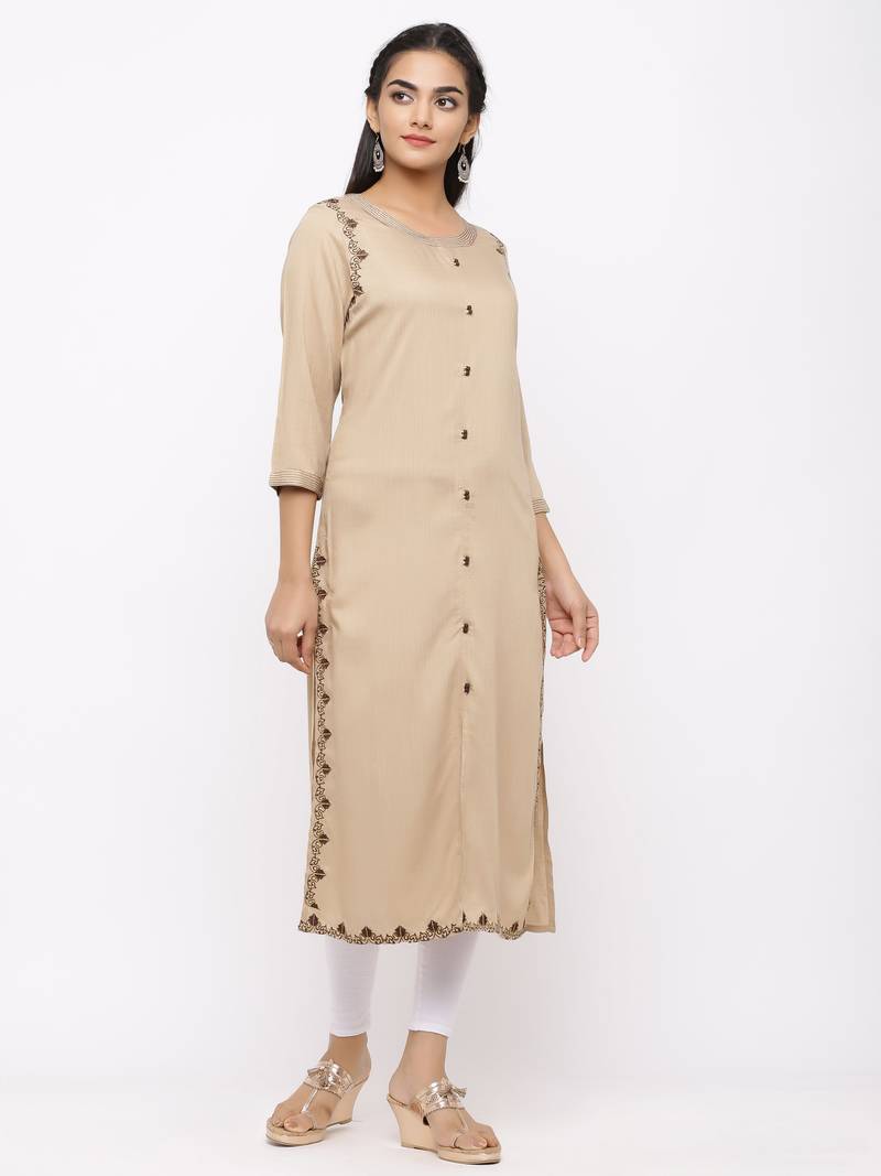 Women's  Beige Rayon Slub Embroidered Straight Kurta