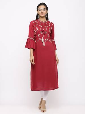 Women's  Mehroon Rayon Slub Embroidered Straight Kurta 1