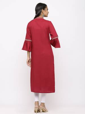 Women's  Mehroon Rayon Slub Embroidered Straight Kurta 3