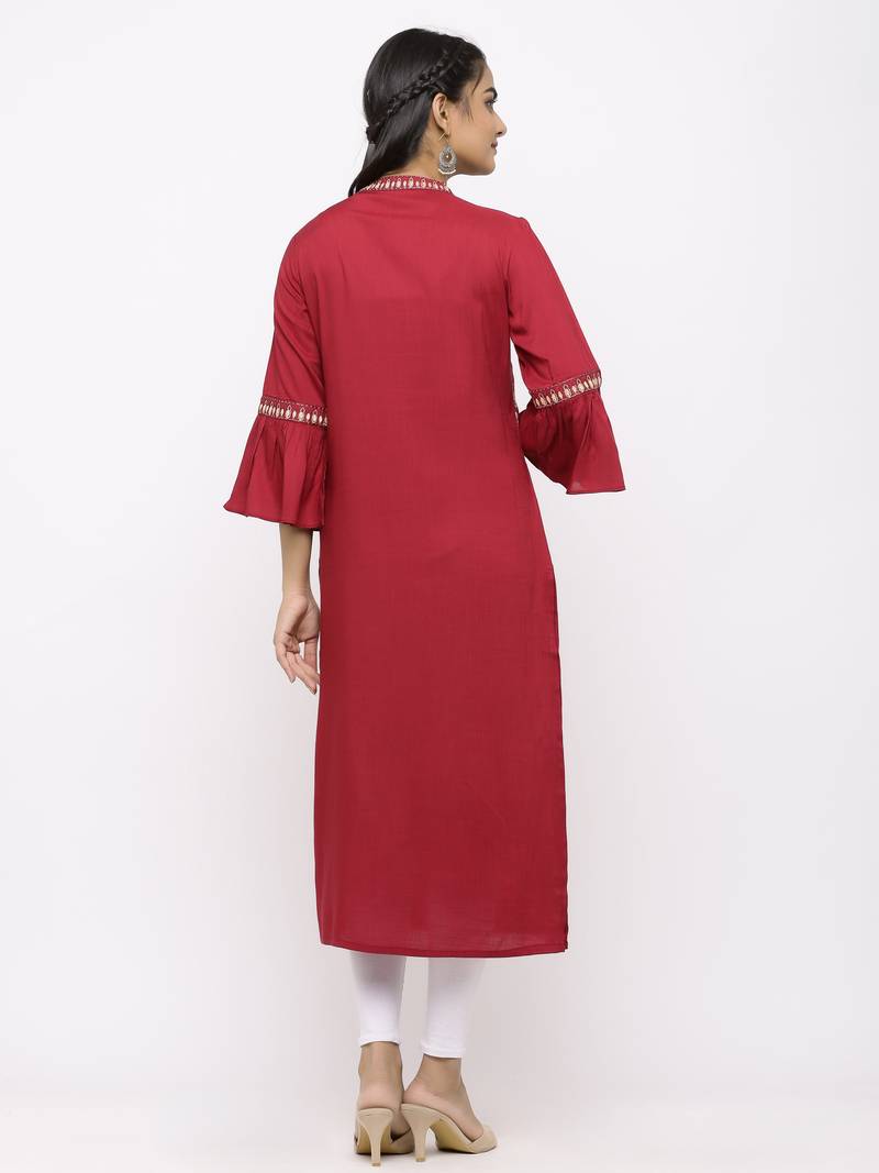 Women's  Mehroon Rayon Slub Embroidered Straight Kurta