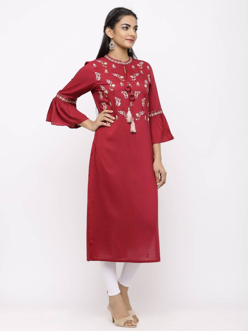 Women's  Mehroon Rayon Slub Embroidered Straight Kurta