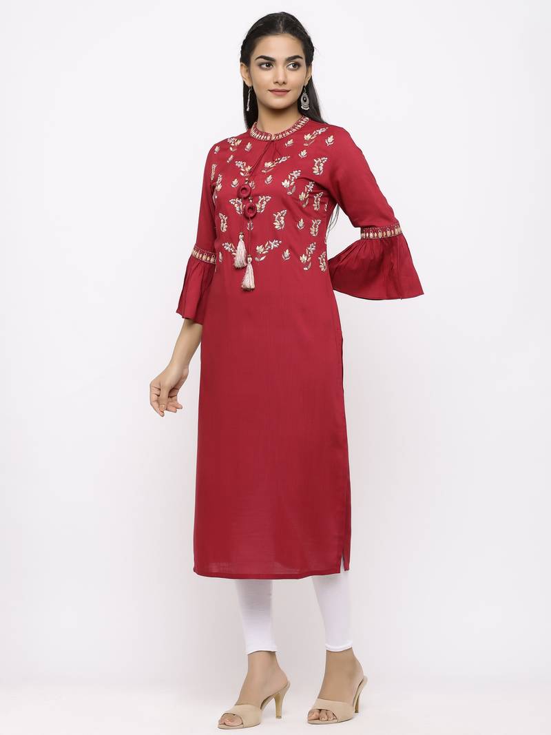 Women's  Mehroon Rayon Slub Embroidered Straight Kurta