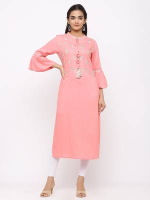 Women's  Pink Rayon Slub Embroidered Straight Kurta 1
