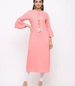 Women's  Pink Rayon Slub Embroidered Straight Kurta