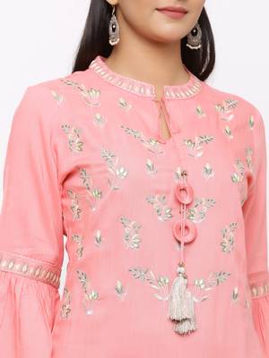 Women's  Pink Rayon Slub Embroidered Straight Kurta 2