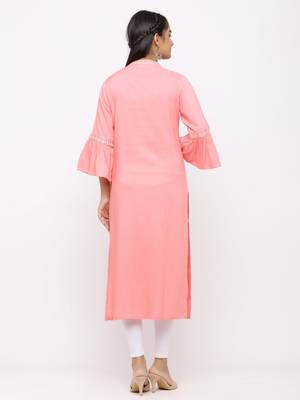 Women's  Pink Rayon Slub Embroidered Straight Kurta 3
