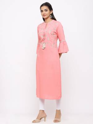 Women's  Pink Rayon Slub Embroidered Straight Kurta 4