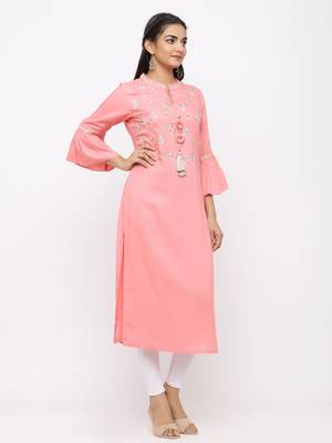 Women's  Pink Rayon Slub Embroidered Straight Kurta 5