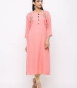 Women's  Peach Rayon Slub Embroidered Straight Kurta