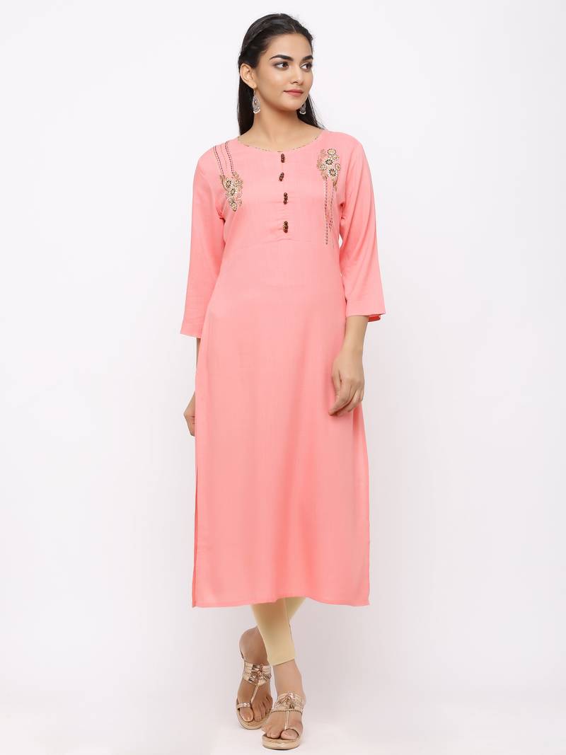 Women's  Peach Rayon Slub Embroidered Straight Kurta