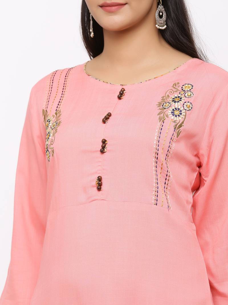 Women's  Peach Rayon Slub Embroidered Straight Kurta