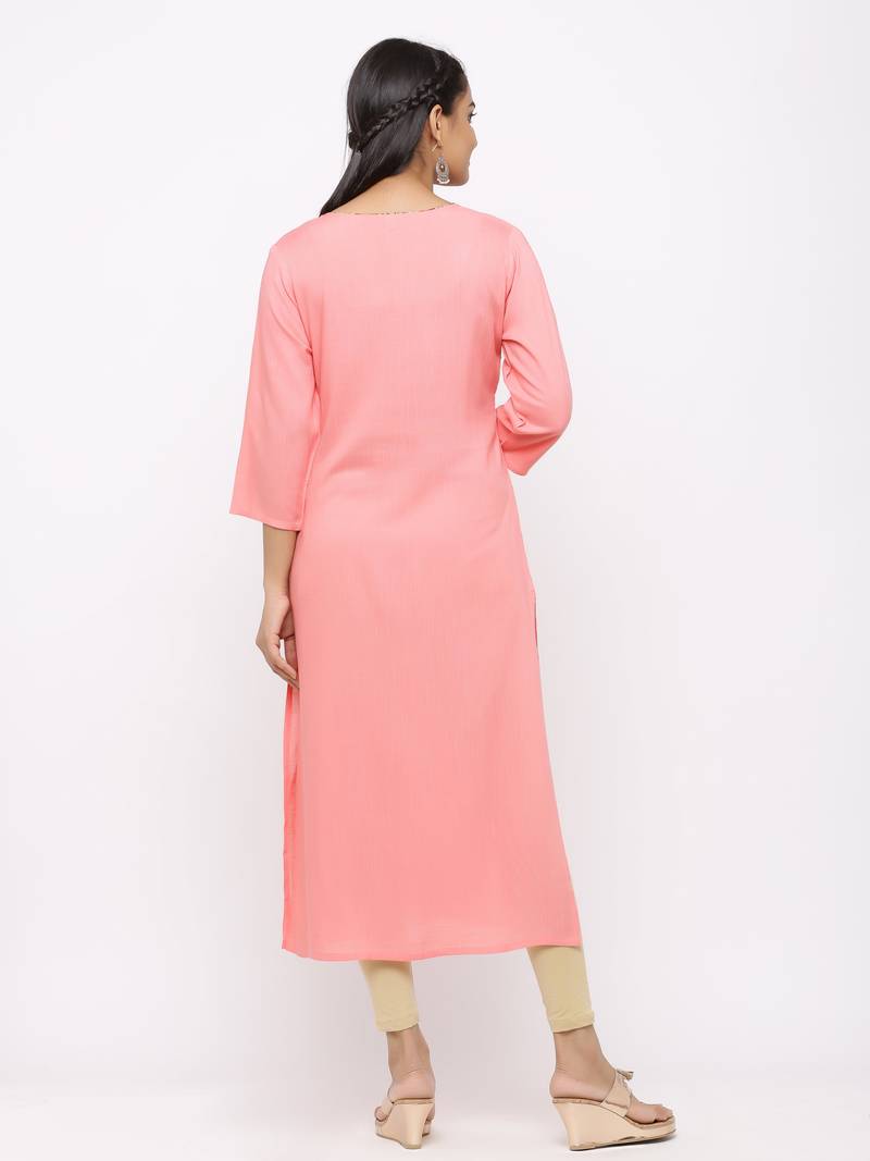 Women's  Peach Rayon Slub Embroidered Straight Kurta