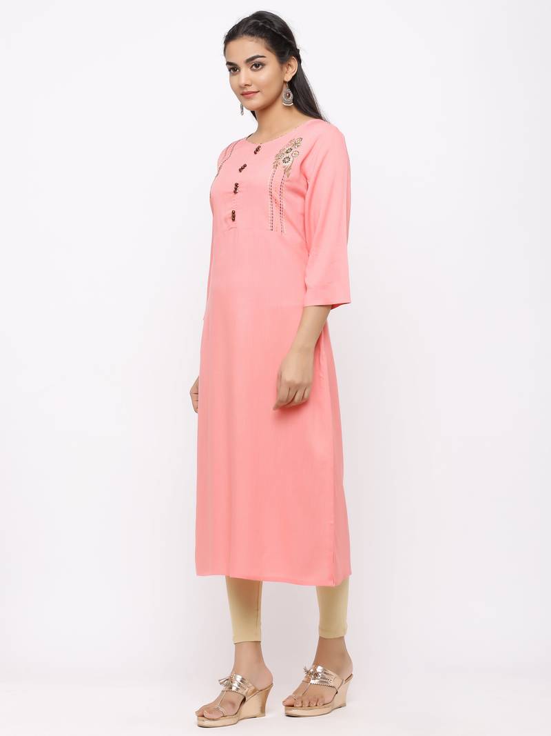 Women's  Peach Rayon Slub Embroidered Straight Kurta