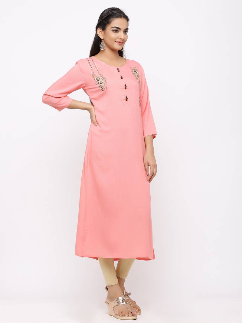Women's  Peach Rayon Slub Embroidered Straight Kurta