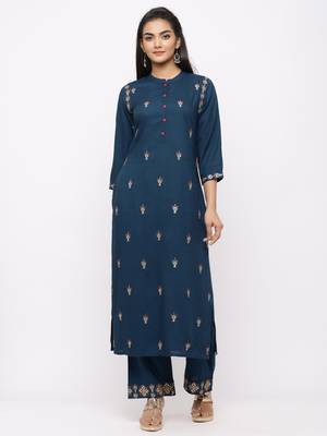 Women's  Teal Blue Rayon Slub Embroidered Straight Kurta Palazzo Set 1