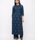 Women's  Teal Blue Rayon Slub Embroidered Straight Kurta Palazzo Set