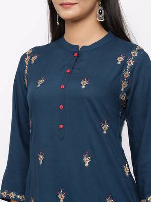 Women's  Teal Blue Rayon Slub Embroidered Straight Kurta Palazzo Set 2