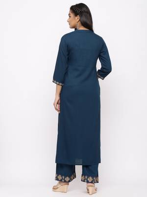 Women's  Teal Blue Rayon Slub Embroidered Straight Kurta Palazzo Set 3