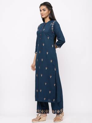 Women's  Teal Blue Rayon Slub Embroidered Straight Kurta Palazzo Set 4