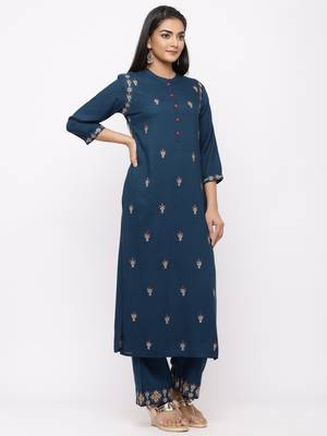 Women's  Teal Blue Rayon Slub Embroidered Straight Kurta Palazzo Set 5