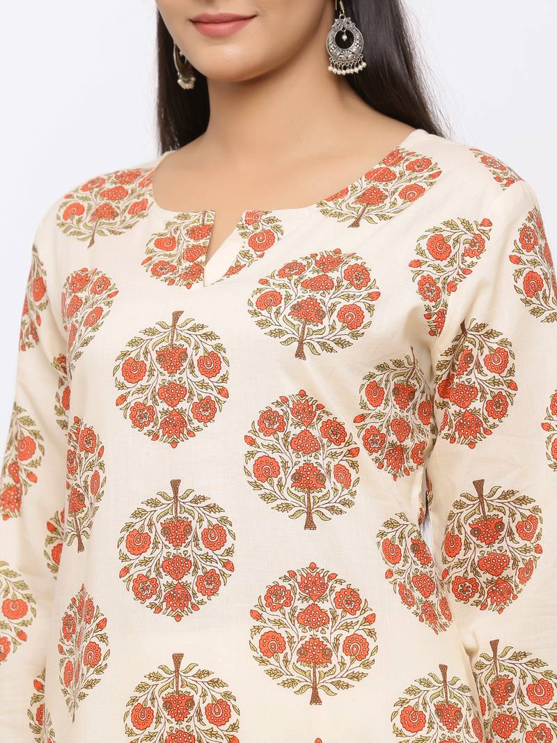 Women's  Cream Cotton Print  Straight Kurta Pant Set