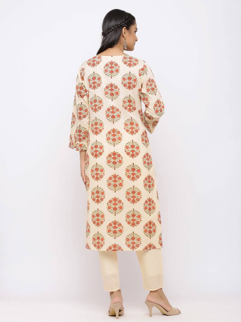 Women's  Cream Cotton Print  Straight Kurta Pant Set