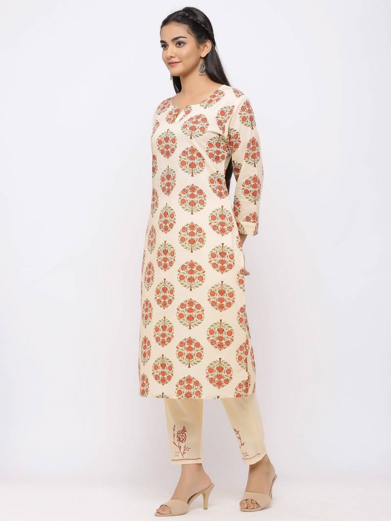 Women's  Cream Cotton Print  Straight Kurta Pant Set