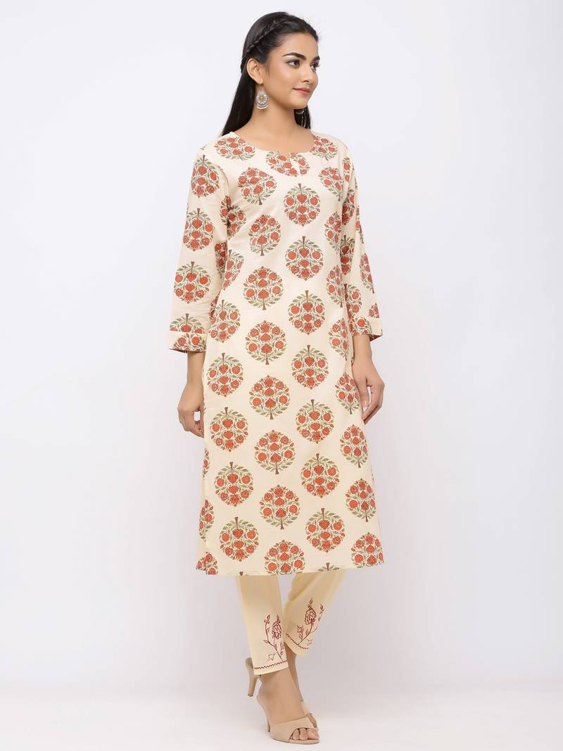 Women's  Cream Cotton Print  Straight Kurta Pant Set