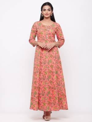Women's Peach Cotton Printed Anarkali Long Dress 1