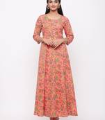 Women's Peach Cotton Printed Anarkali Long Dress