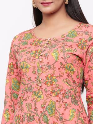Women's Peach Cotton Printed Anarkali Long Dress 2