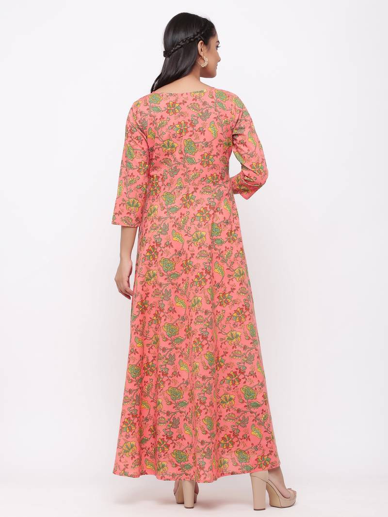 Women's Peach Cotton Printed Anarkali Long Dress