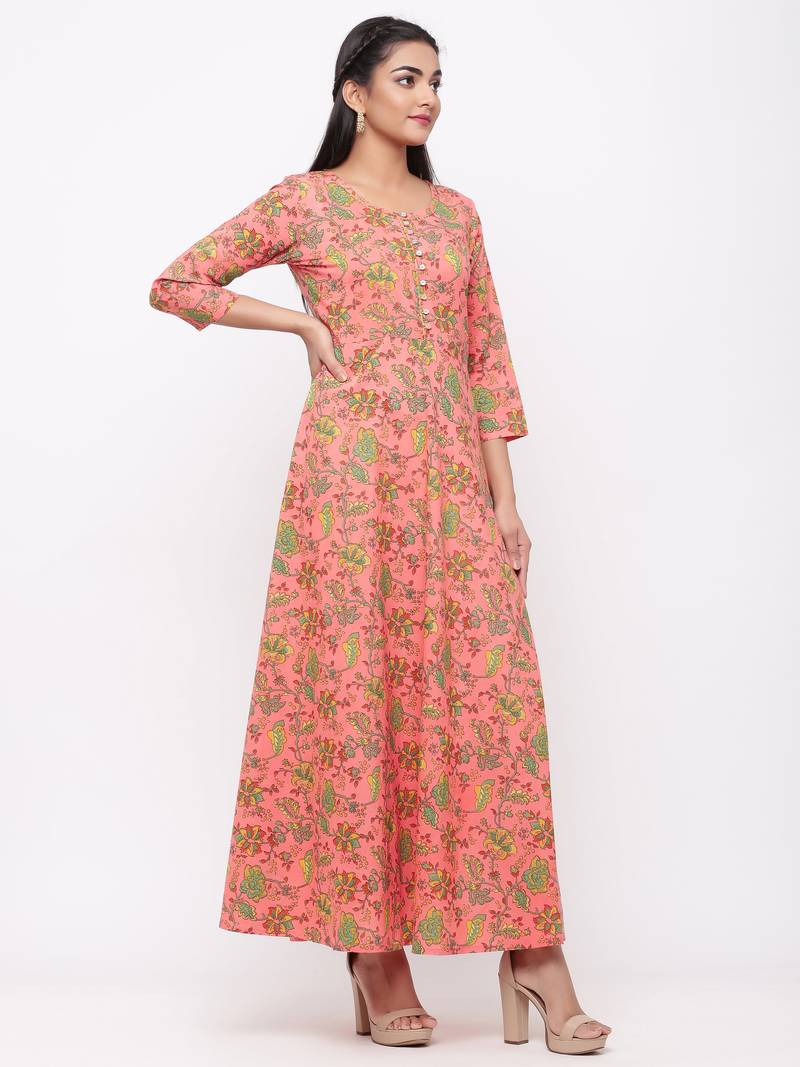 Women's Peach Cotton Printed Anarkali Long Dress