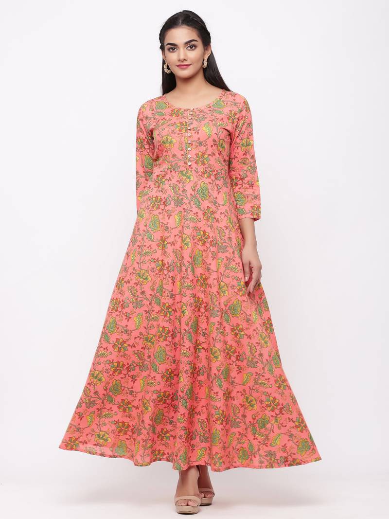 Women's Peach Cotton Printed Anarkali Long Dress