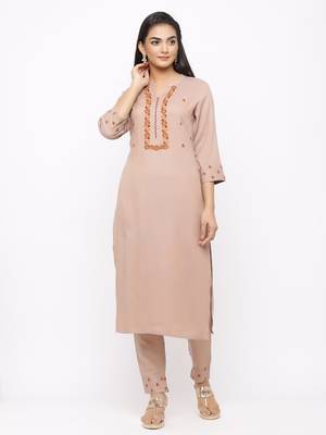 Women's  Beige Rayon Slub Embroidered Straight Kurta Pant Set 1
