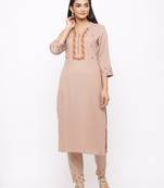 Women's  Beige Rayon Slub Embroidered Straight Kurta Pant Set