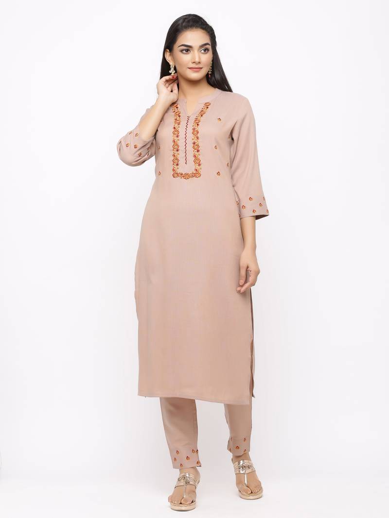 Women's  Beige Rayon Slub Embroidered Straight Kurta Pant Set
