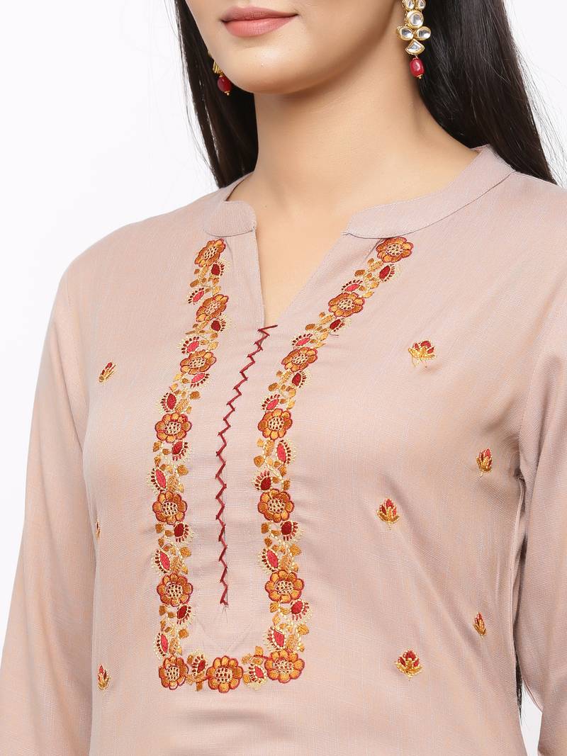 Women's  Beige Rayon Slub Embroidered Straight Kurta Pant Set