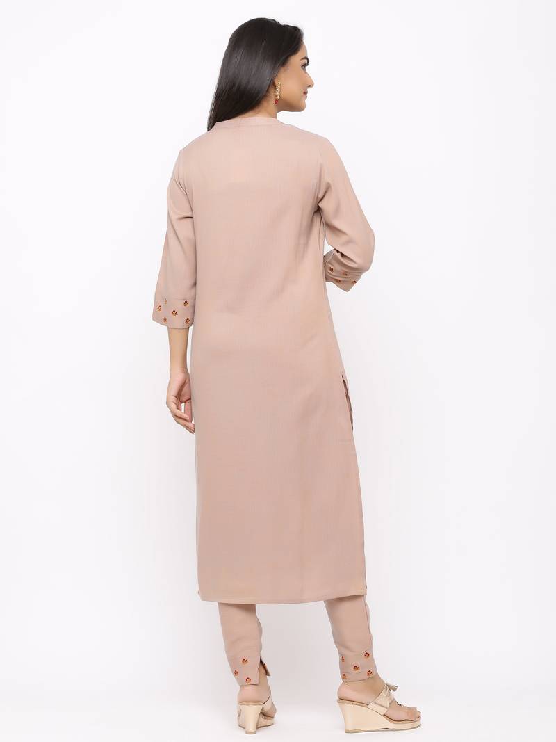 Women's  Beige Rayon Slub Embroidered Straight Kurta Pant Set