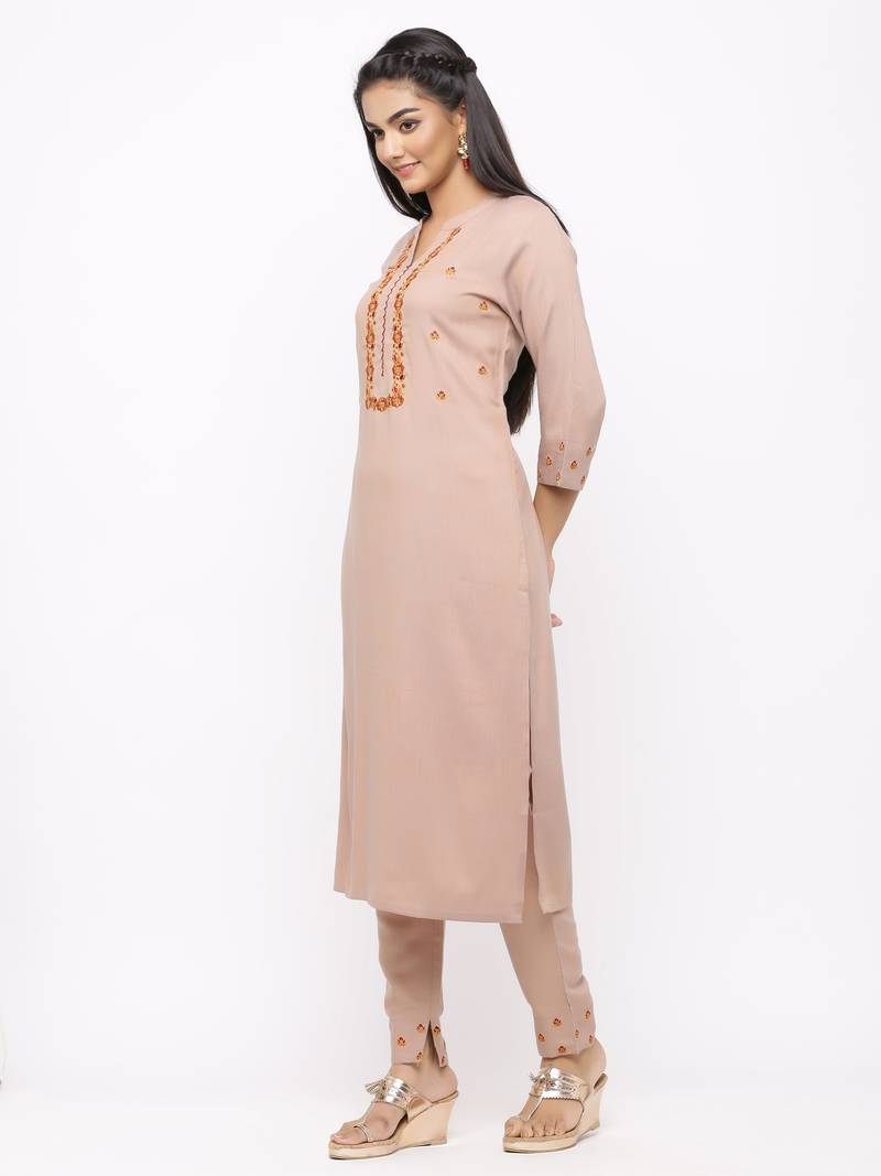 Women's  Beige Rayon Slub Embroidered Straight Kurta Pant Set